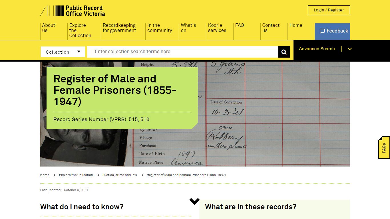 Register of Male and Female Prisoners (1855-1947) | PROV